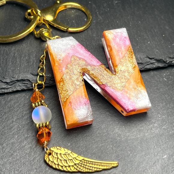 Orange, Gold and Pink Initial Letter “N” Boho Keychain With Angel Wing Charm - Picture 3 of 8